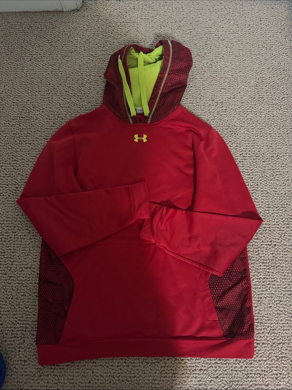 Under Armour Mens Red Hoodie with Neon Yellow Accents